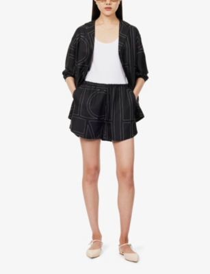 Totême Black Shorts With Geometric Logo Print In Silk Woman In Black Monogram
