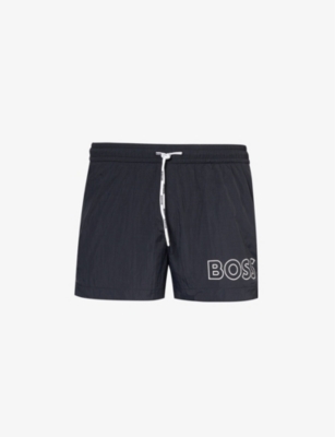 Shop Hugo Boss Mens Logo-print Regular-fit Recycled-polyester Swim Shorts Black Xxl