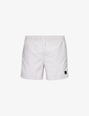Shop Hugo Boss Boss Men's Open White Logo-patch Regular-fit Recycled-polyester Swim Shorts