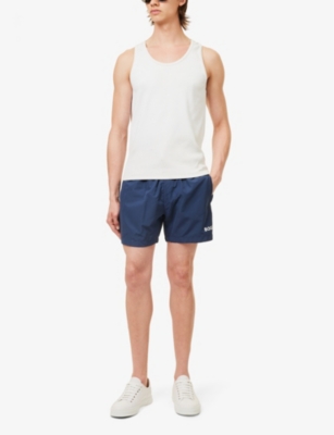 Shop Hugo Boss Boss Men's Vy Logo-print Regular-fit Recycled-polyester Swim Shorts In Navy