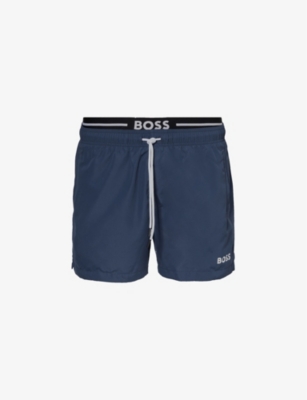 Shop Hugo Boss Boss Men's Vy Logo-print Regular-fit Recycled-polyester Swim Shorts In Navy