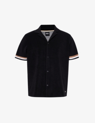 Shop Hugo Boss Stripe-trim Relaxed-fit Terry Cotton-blend Shirt In Black