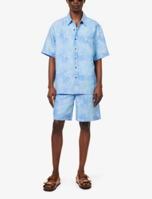 Shop Cdlp Men's Broken Blue Check Abstract-pattern Relaxed-fit Woven-blend Shirt