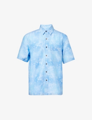 Shop Cdlp Men's Broken Blue Check Abstract-pattern Relaxed-fit Woven-blend Shirt