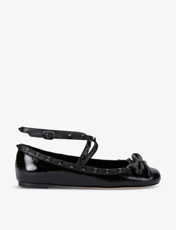 Rockstud bow-embellished crossover-strap leather ballet flats