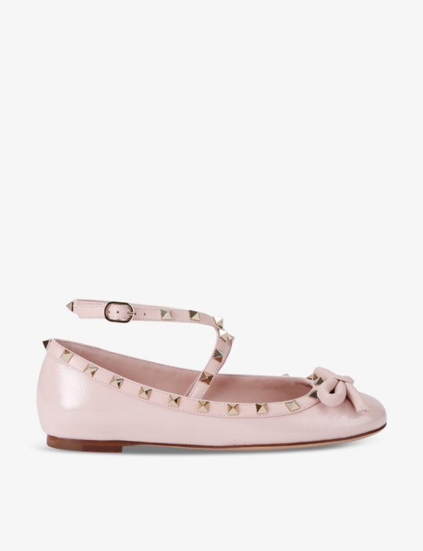 Rockstud bow-embellished crossover-strap leather ballet flats