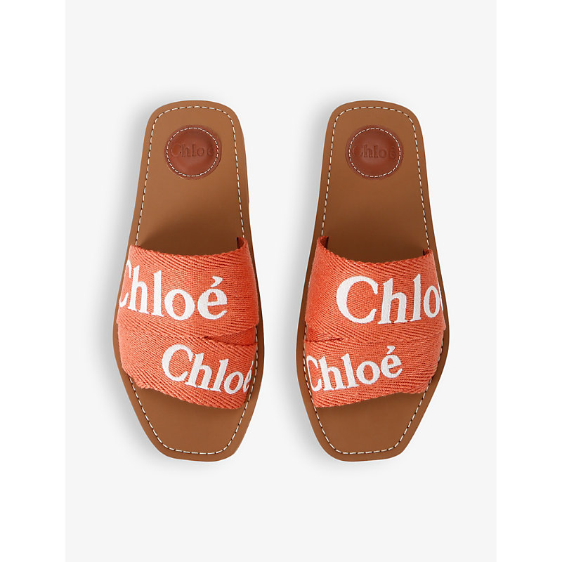 Shop Chloé Chloe Women's Orange Woody Logo-print Canvas Sandals