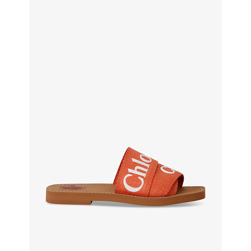 Shop Chloé Chloe Women's Orange Woody Logo-print Canvas Sandals