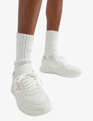PRADA: Re-Nylon brand-plaque leather and nylon high-top trainers