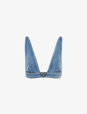 Shop Prada Logo-badge V-neck Cropped Organic-denim Top In Blue