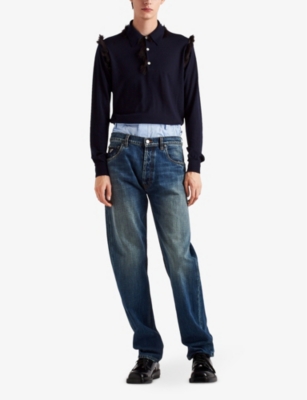 Shop Prada Mens  Shearling-lined Long-sleeved Cashmere Polo Shirt In Blue