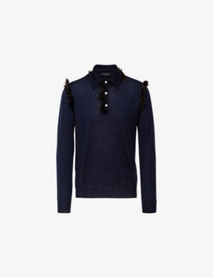 Shop Prada Mens  Shearling-lined Long-sleeved Cashmere Polo Shirt In Blue