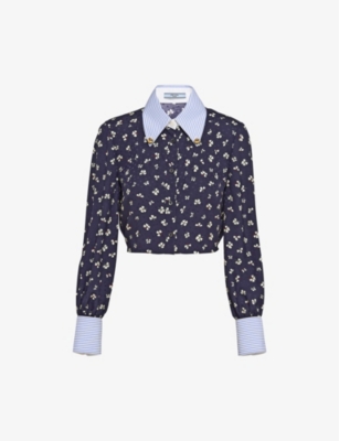 Shop Prada Floral-pattern Cropped Silk Shirt In Blue