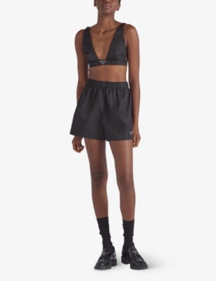 Prada Enamelled-logo Re-nylon Shorts In Black
