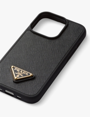 Prada Womens Black Brand-plaque Saffiano Leather Iphone 15 Pro In Black