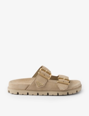 Shop Prada Brand-plaque Buckled Suede Sliders In Neutral