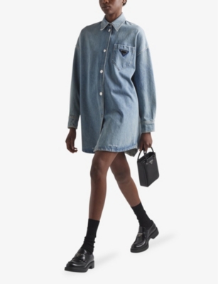 PRADA WOMENS BLUE OVERSIZED LOGO-PLAQUE COTTON DENIM SHIRT 