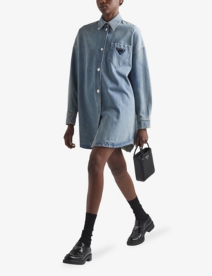 Shop Prada Womens Blue Oversized Logo-plaque Organic-cotton Denim Shirt