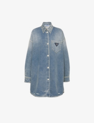 Shop Prada Womens Blue Oversized Logo-plaque Organic-cotton Denim Shirt