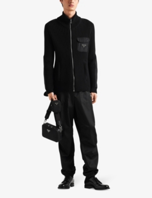 PRADA: Ribbed Re-Nylon appliqué wool and cashmere knitted cardigan