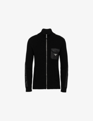 PRADA: Ribbed Re-Nylon appliqué wool and cashmere knitted cardigan