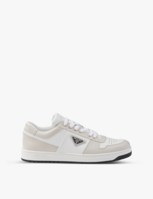 Mens Prada Downtown Logo-Plaque Perforated Leather Low-Top Trainers