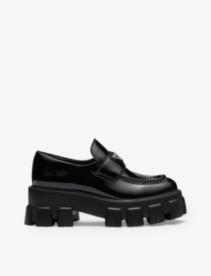 Shop Prada Monolith Logo-plaque Patent-leather Loafers In Black