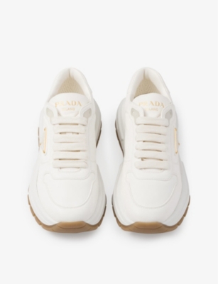 Shop Prada Womens  Brand-plaque Leather Low-top Trainers In Neutral