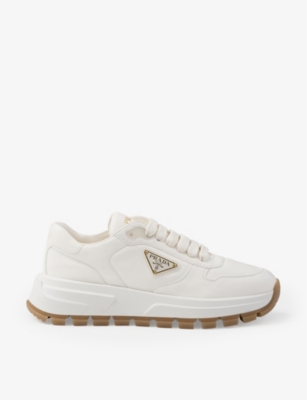 Shop Prada Womens  Brand-plaque Leather Low-top Trainers In Neutral