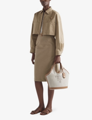 PRADA WOMENS NEUTRAL BRAND-PLAQUE CROPPED REGULAR-FIT COTTON JACKET 