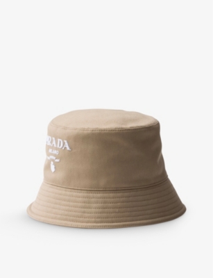 Prada Womens Neutral Branded Wide-brim Cotton Bucket Hat In Brown