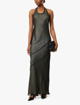 SIR WOMENS BLACK STROBE HALTERNECK SILK MAXI DRESS 