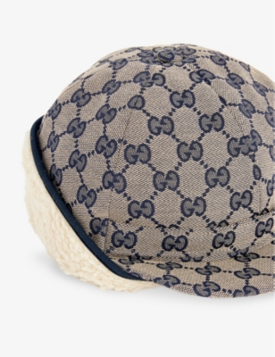 Shop Gucci Boys Beige/blue+blu Kids' Monogram-pattern Woven Hat