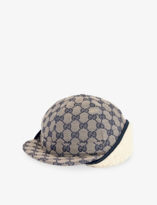 Shop Gucci Boys Beige/blue+blu Kids' Monogram-pattern Woven Hat