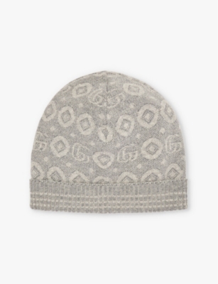 Shop Gucci Kids' Geometric-intarsia Knitted Wool Beanie Graphite