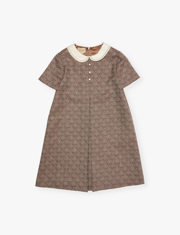 Monogram-pattern short-sleeved wool dress 4-12 years