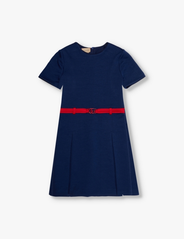 Logo-jacquard belted pleated-skirt woven dress 4-12 years