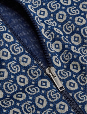 GUCCI NAVY/IVORY/MIX ZIP-FRONT LOGO-JACQUARD LONG-SLEEVE WOVEN JACKET 6- 