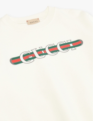 Shop Gucci Branded Crewneck Cotton-jersey Sweatshirt 4-10 Y In New White/mc