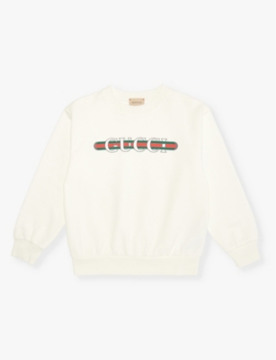 Shop Gucci Branded Crewneck Cotton-jersey Sweatshirt 4-10 Y In New White/mc