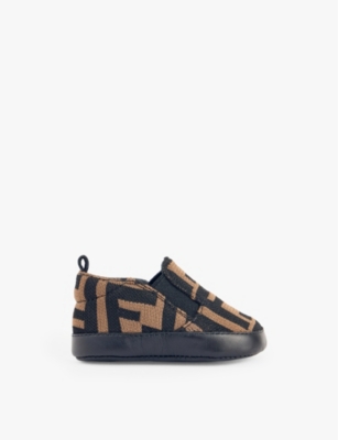Fendi Baby Monogram-print Leather-trim Woven Shoes In Brown