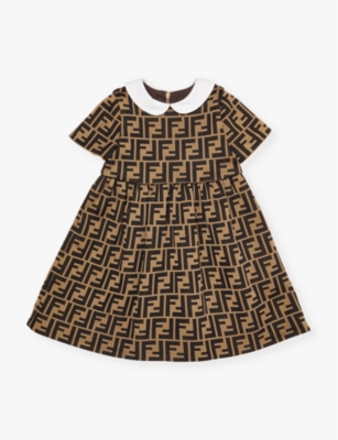 Fendi Babies' Monogram-print Peter Pan-collar Cotton-blend Dress 12-24 Months In Nocciola+marrone
