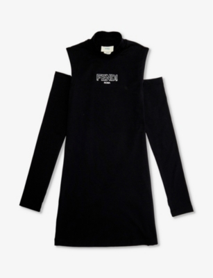 Fendi Kids' Brand-appliqué Cold-shoulder Stretch-cotton Dress 6-12 Years In Black