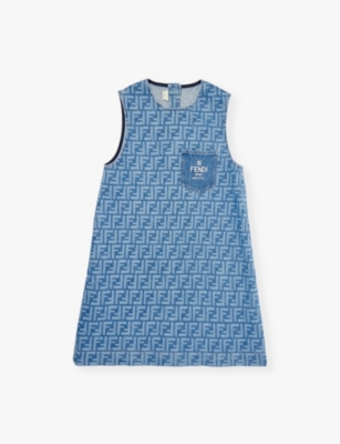Fendi Girls Dark Blu Kids Monogram-print Patch-pocket Denim Dress 10-12 Years