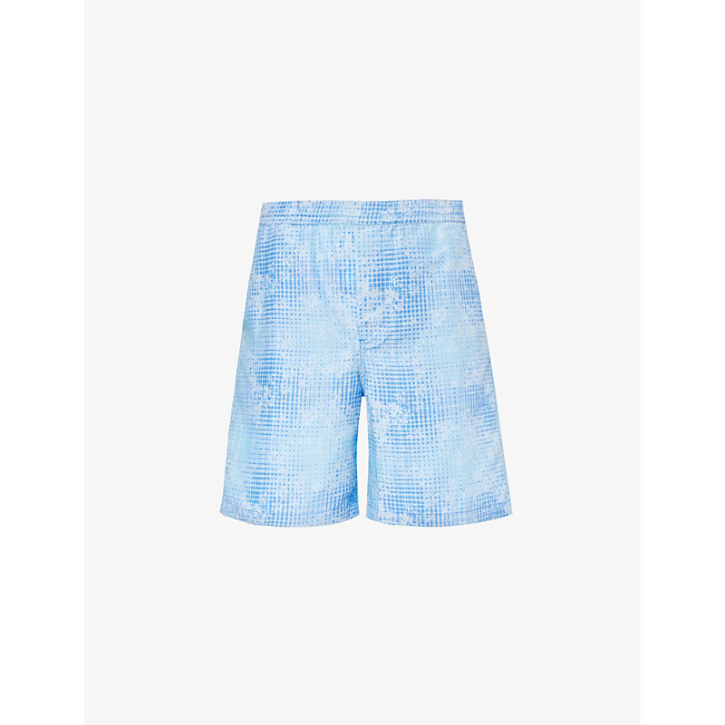 Cdlp Mens Broken Blue Check Abstract-pattern Drawstring-waist Woven-blend Shorts