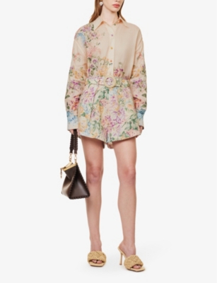 Shop Zimmermann Halliday Floral-print Linen Shorts In Multi Watercolour Floral