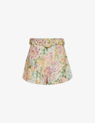 Zimmermann Womens Multi Watercolour Floral Halliday Floral-print Linen Shorts