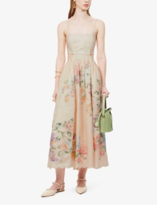 Shop Zimmermann Womens Cream Watercolour Floral Halliday Sleeveless Linen Midi Dress