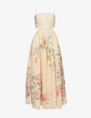 Shop Zimmermann Womens Cream Watercolour Floral Halliday Sleeveless Linen Midi Dress