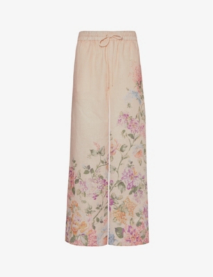 Shop Zimmermann Womens Cream Watercolour Floral Halliday Floral-print Linen Trousers